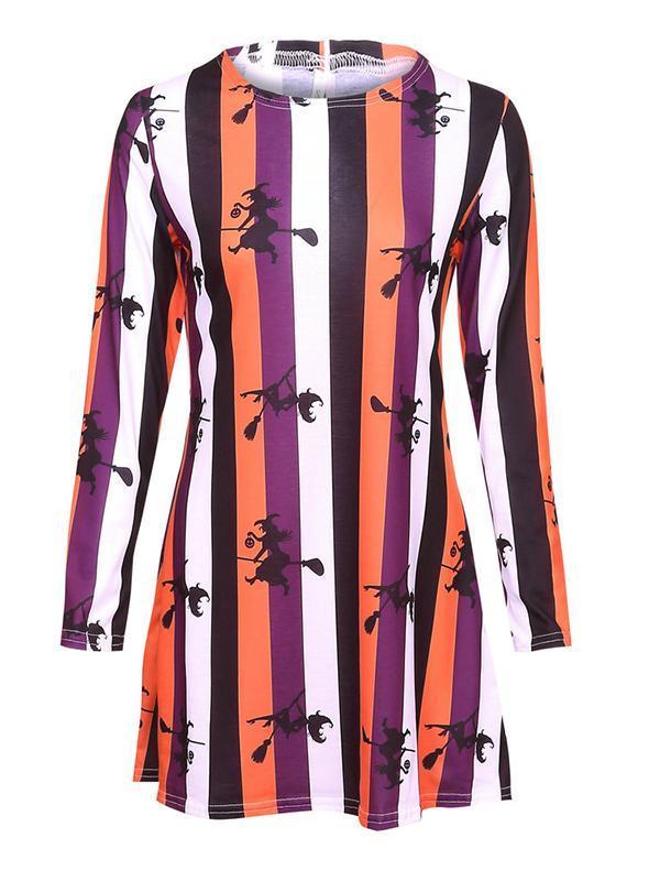 Halloween Striped Witch Broomstick Mini Dress